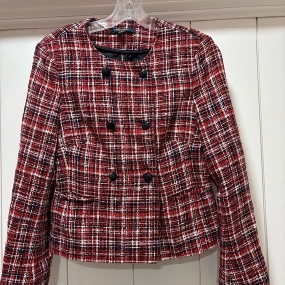 Brooks Brothers Blazer Size 2 Tweed Red Double Breasted Plaid Italy Career. EUC - Picture 1 of 6